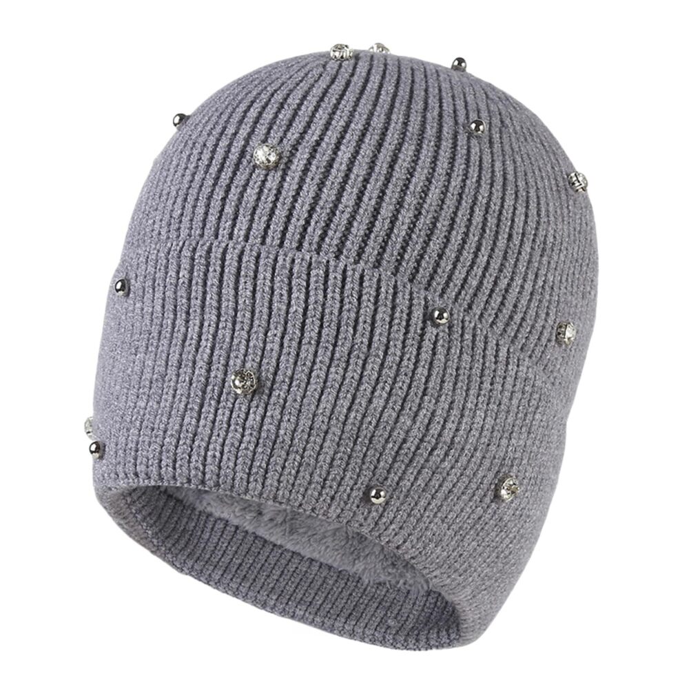 2757 Bling Rhinestone Knit Beanie Hats Girls Warm Fleece Lined Winter Hat